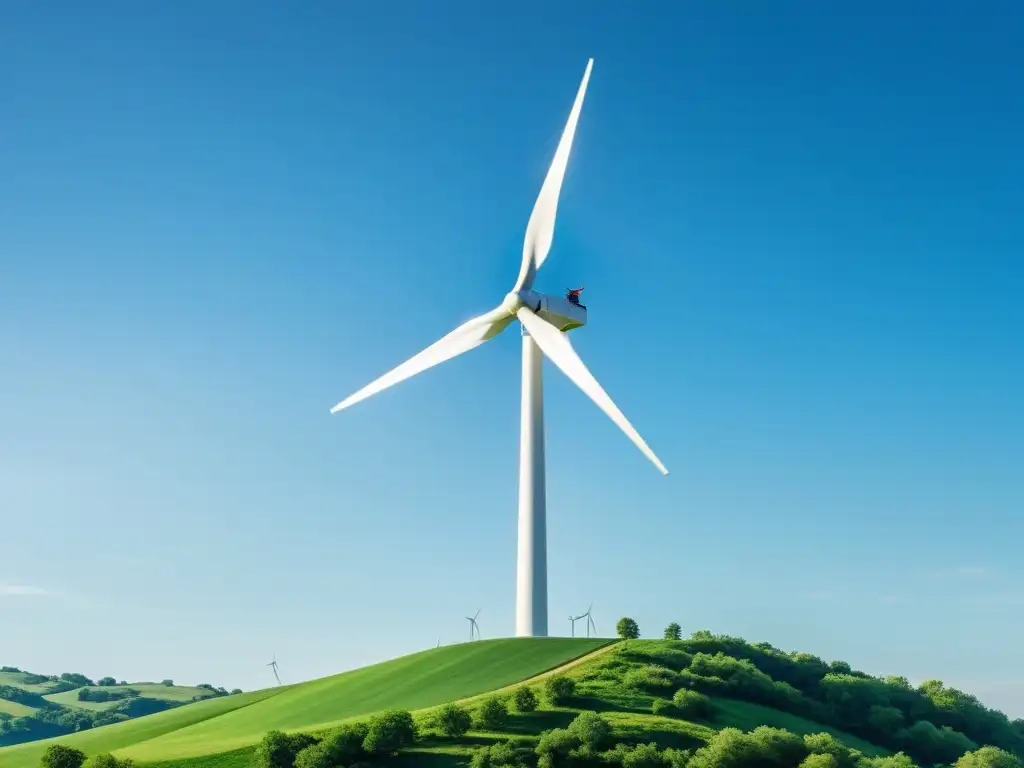 Un molino de viento blanco en un paisaje sereno de colinas verdes y cielo azul, simbolizando beneficios energía eólica comunidades indígenas