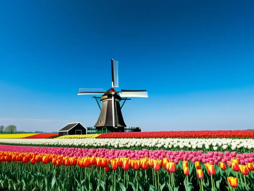 Un molino de viento holandés se yergue sobre campos de tulipanes vibrantes bajo un cielo azul