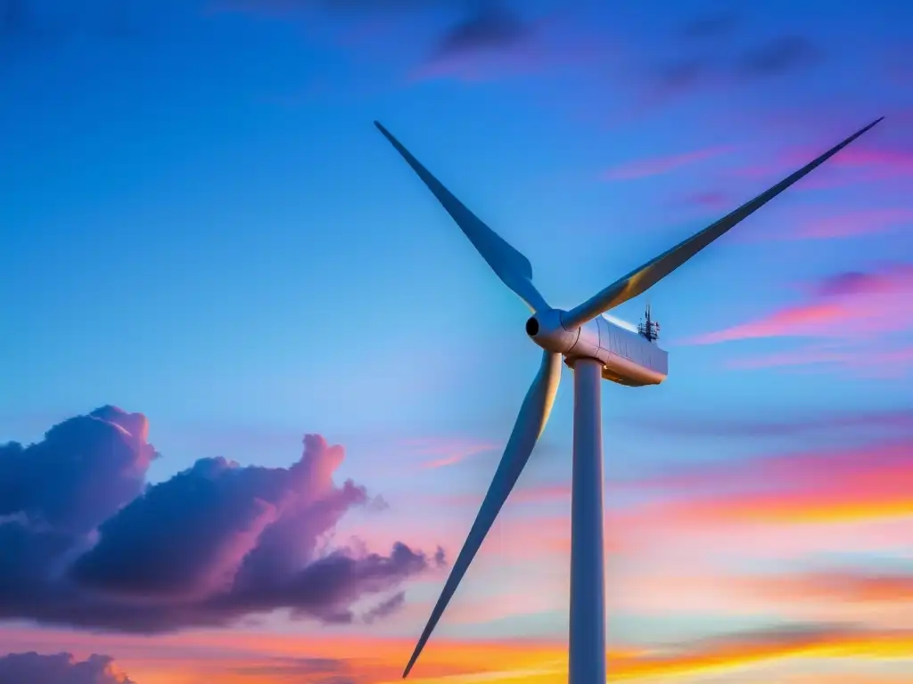 Un molino de viento se eleva en un cielo al atardecer, sus aspas giran suavemente