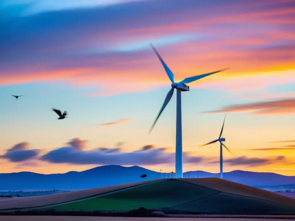 Un molino de viento se alza majestuoso en un atardecer colorido, con aves sobrevolando