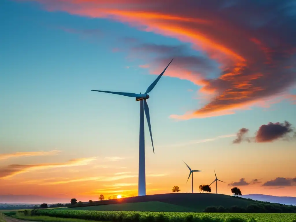 Un molino de viento se alza majestuoso en un cielo vibrante al atardecer, generando energía con gracia