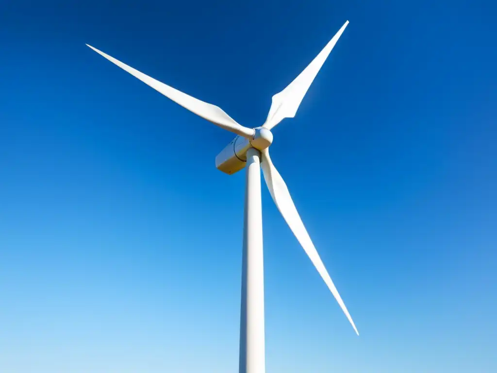 Un molino de viento moderno se alza contra un cielo azul claro, con la luz suave proyectando largas sombras en el suelo