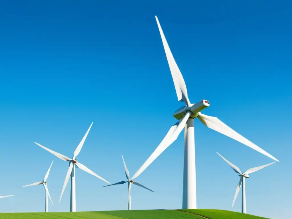 Turbinas eólicas: belleza sostenible en el cielo Un molino de viento moderno se alza en un cielo azul claro, capturando la energía eólica