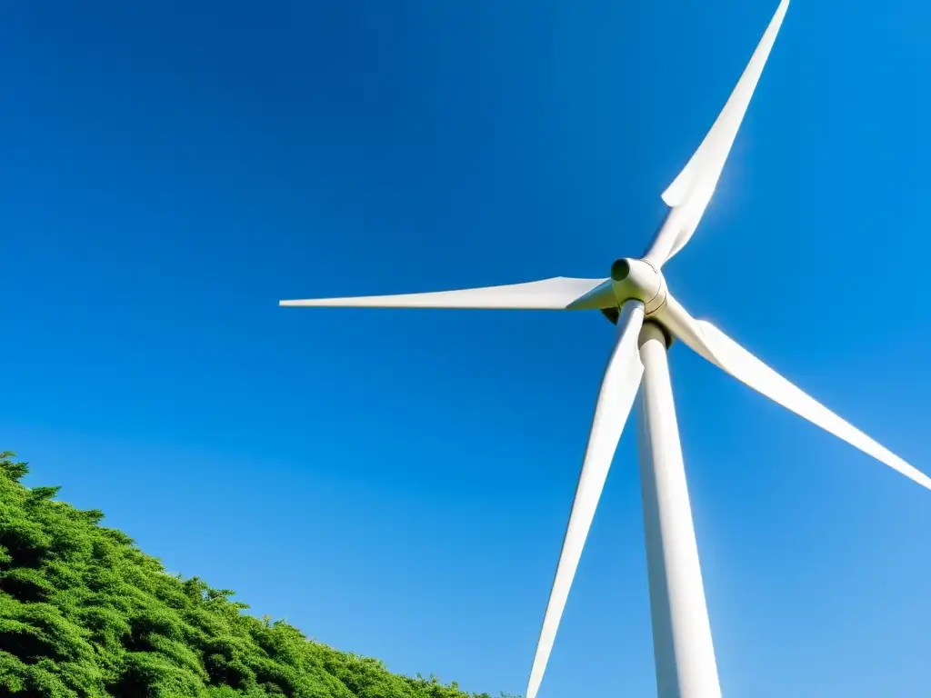 Un molino de viento moderno y elegante se alza contra un cielo azul claro, rodeado de exuberante vegetación