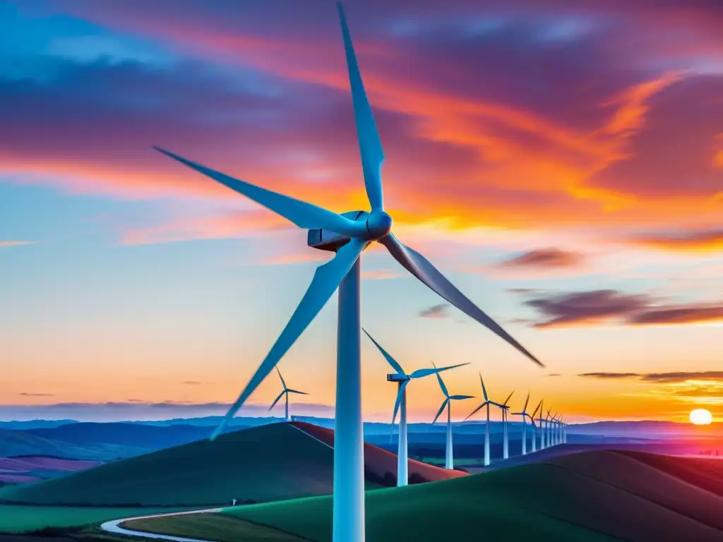 Un molino de viento moderno se alza majestuoso contra un atardecer vibrante, capturando la energía dinámica del viento