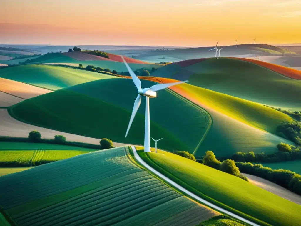 Un molino de viento moderno en un paisaje rural al atardecer, simbolizando la integración de energías renovables en zonas rurales