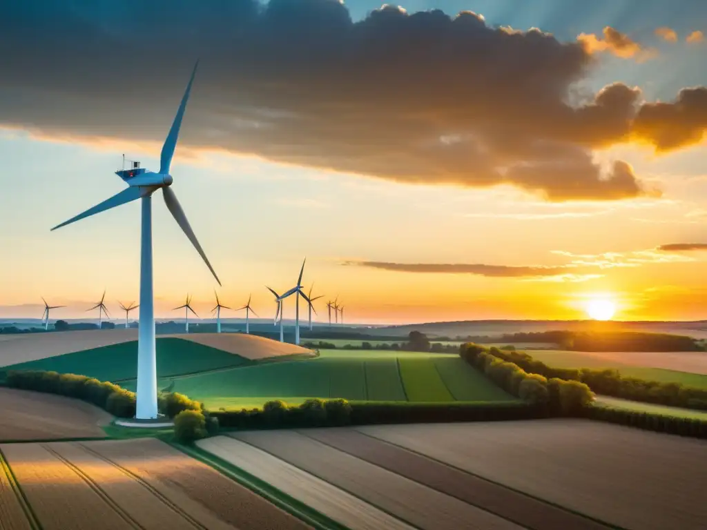 Un molino de viento moderno en un paisaje rural al atardecer, transmitiendo armonía entre tecnología y naturaleza