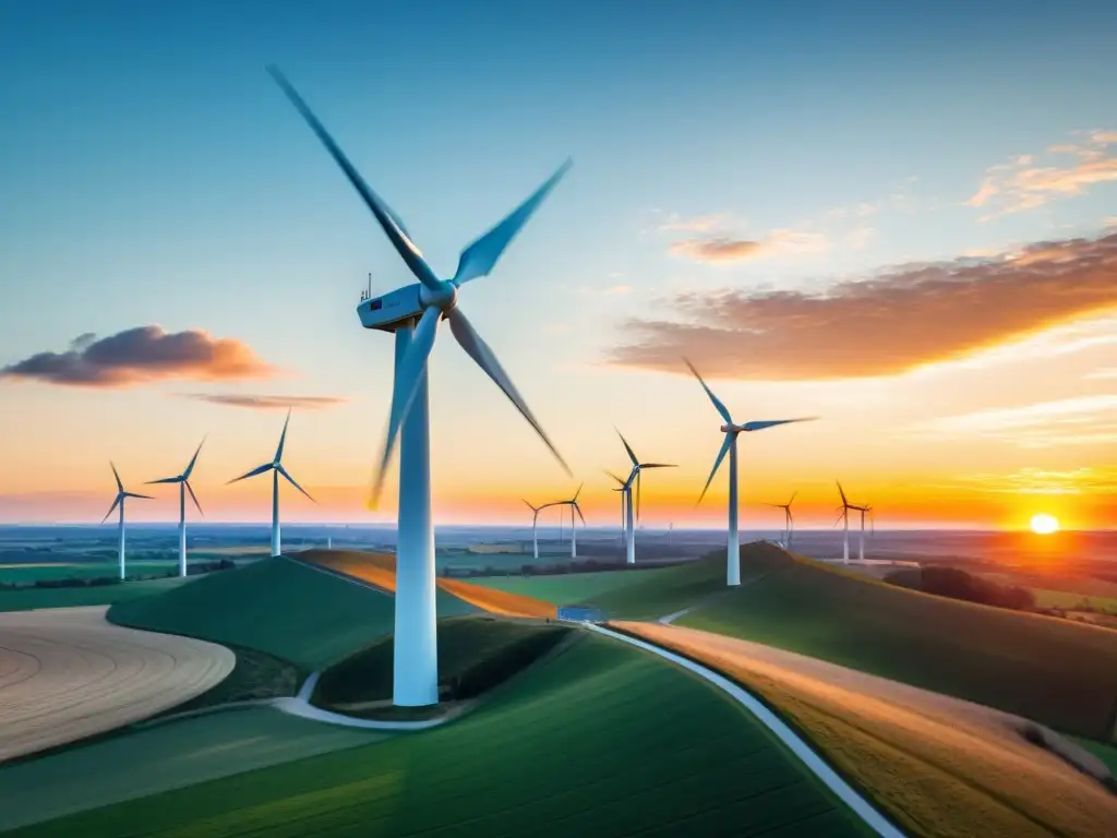 Un molino de viento moderno destaca en un vibrante atardecer, evocando armonía y energía sostenible