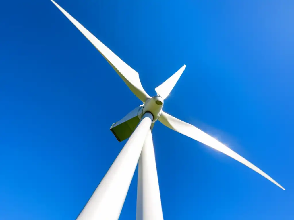 Un molino de viento en movimiento destaca sobre un cielo azul, simbolizando la integración de la energía eólica en la naturaleza