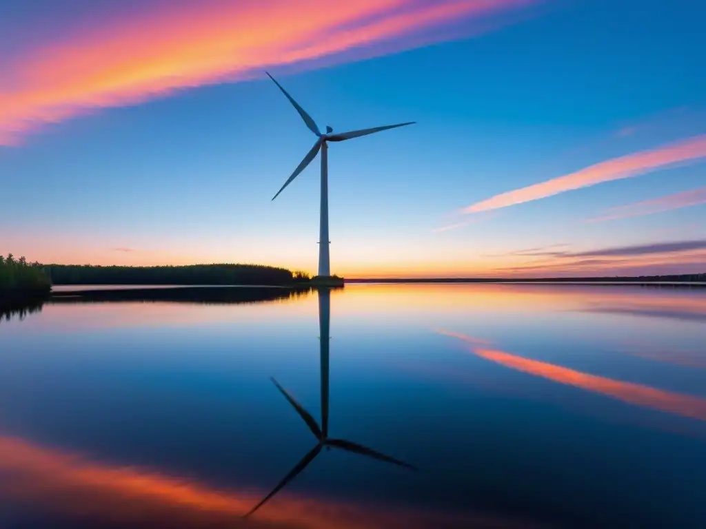 Un molino de viento reflejado en un lago tranquilo al atardecer, ilustrando el impacto de los parques eólicos en los ecosistemas acuáticos