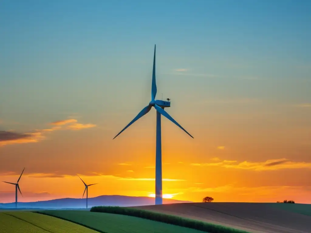 Un molino de viento solitario captura la última luz del atardecer, simbolizando la autonomía energética para agricultores en zonas rurales