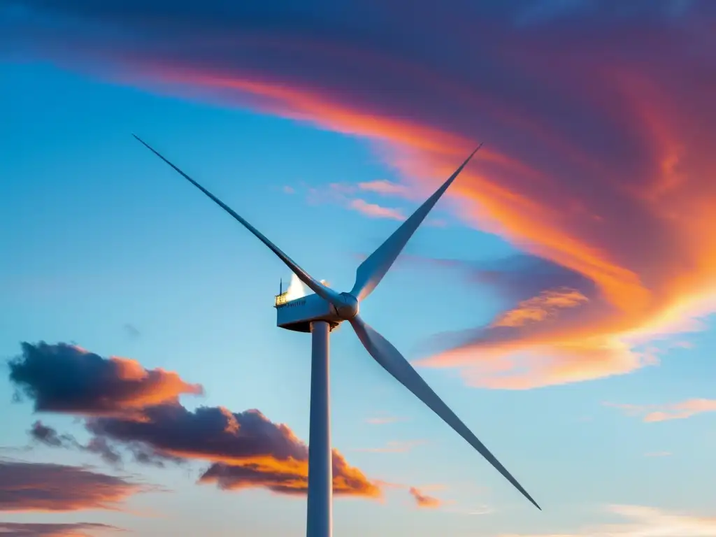 Un molino de viento se yergue contra un vibrante atardecer, representando los beneficios de la energía eólica en la lucha contra el cambio climático