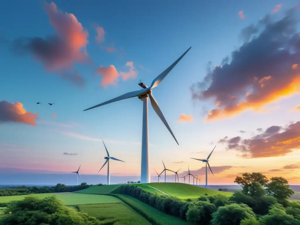 Un molino de viento en armonía con la vida silvestre y la naturaleza, capturando la energía eólica al atardecer