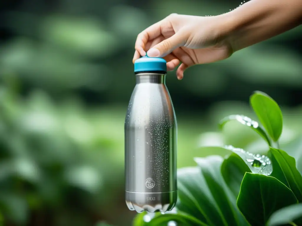 Un momento de calma y sostenibilidad: una mano sostiene una botella de agua de acero inoxidable con gotas de agua, creando un efecto visual único