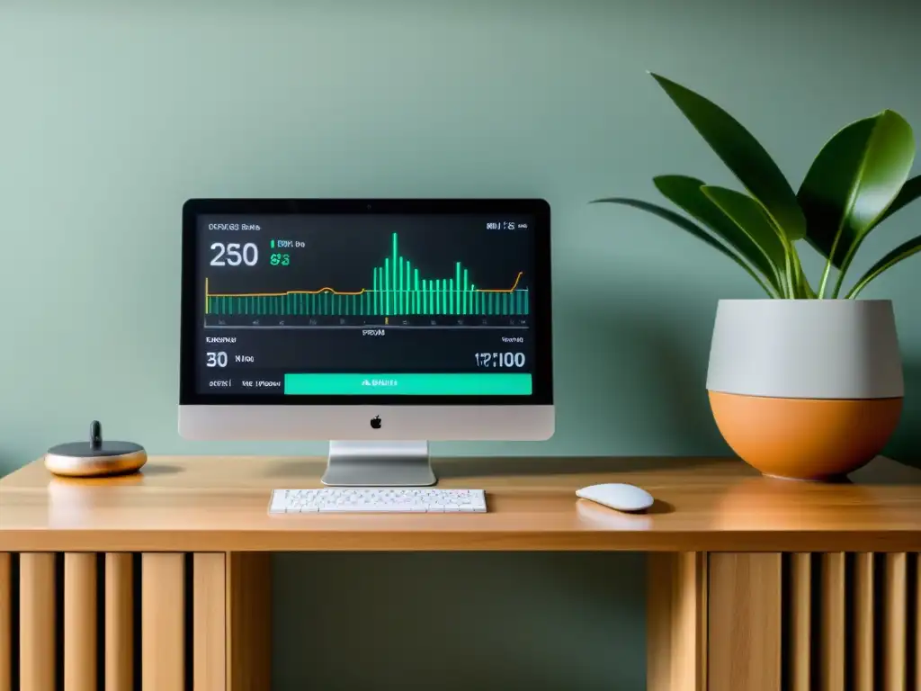 Un monitor de actividad ecológico para la salud en un ambiente moderno y sostenible, con elementos naturales y colores suaves
