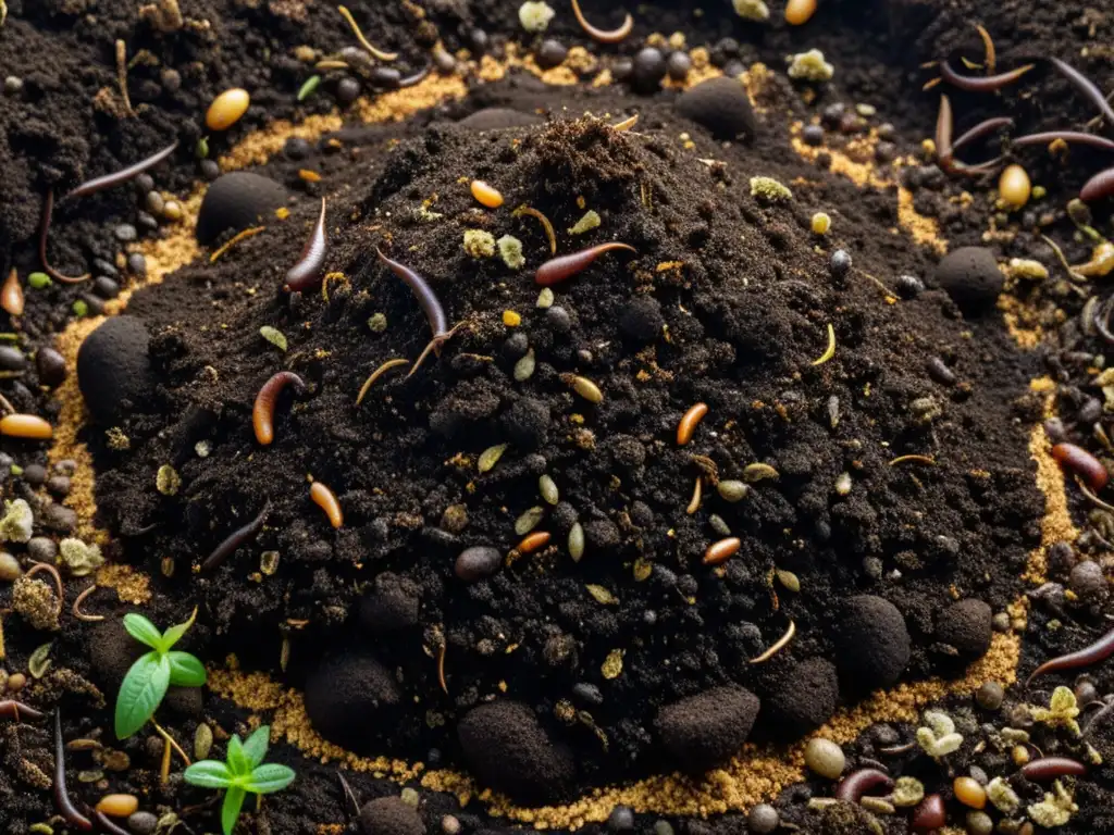 Montón de compost oscuro y rico, con texturas visibles de materia orgánica descompuesta, tierra y organismos