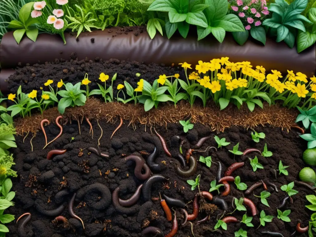 Un montón de compost vibrante rodeado de vida silvestre y diversidad de plantas, mostrando la interconexión entre el compostaje y la biodiversidad