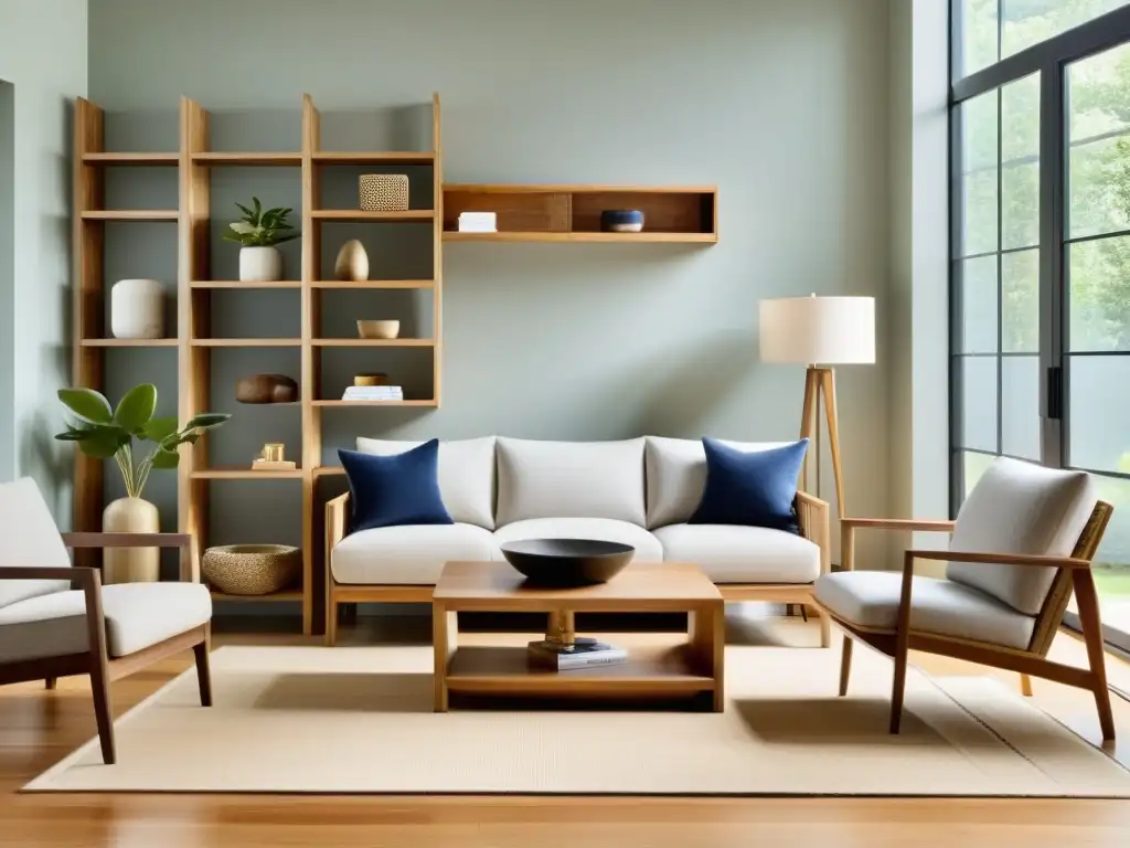 Muebles EcoFriendly para hogar sostenible: Sala minimalista con muebles ecológicos y diseño moderno, bañada en luz natural