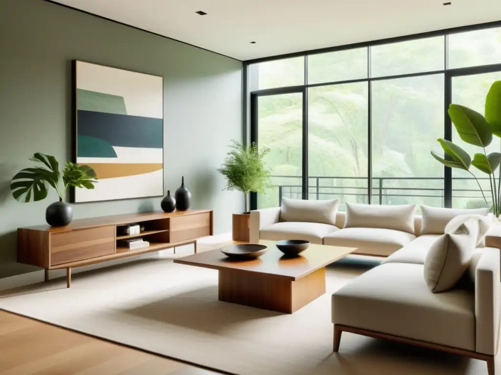 Living room con muebles minimalistas en tonos tierra, arte ecológico y plantas