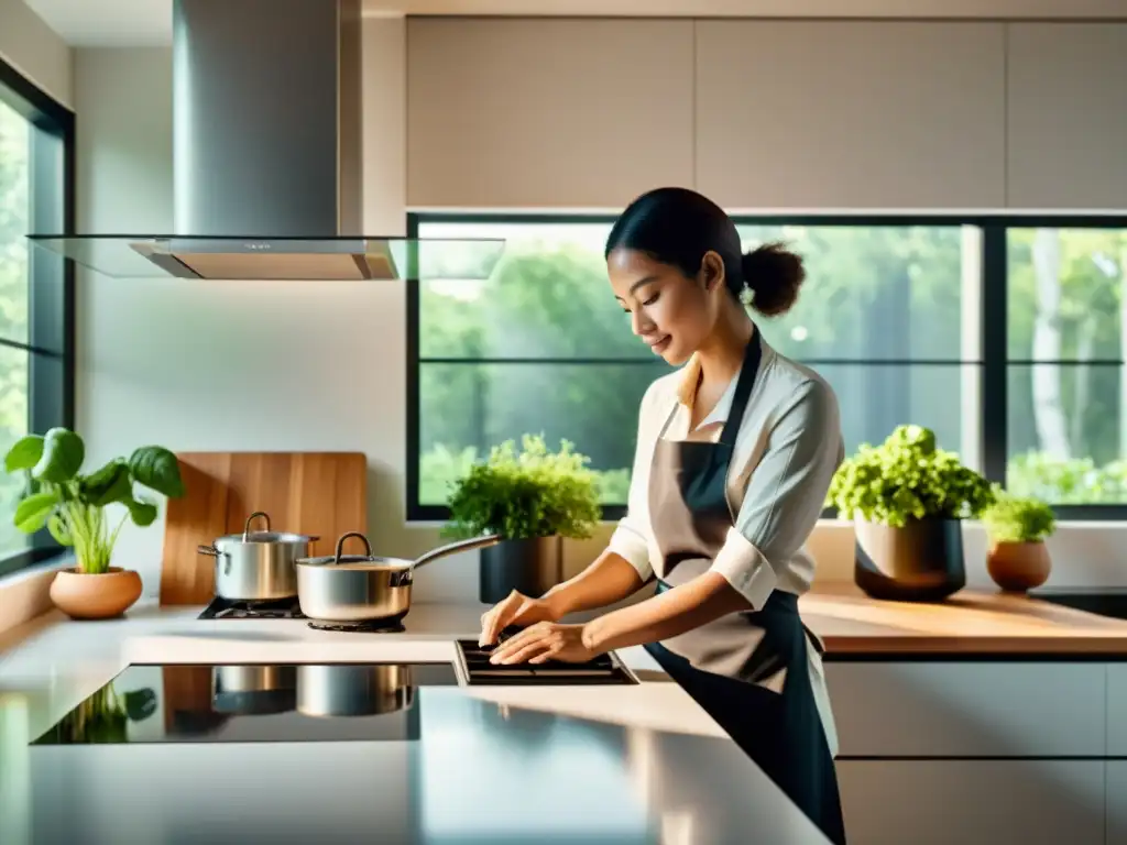 Una mujer cocina en una cocina moderna y elegante con diseño minimalista