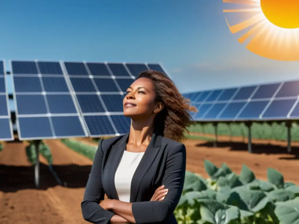 Una mujer empoderada en un campo de paneles solares, simbolizando el rol femenino en energía sostenible con determinación y liderazgo