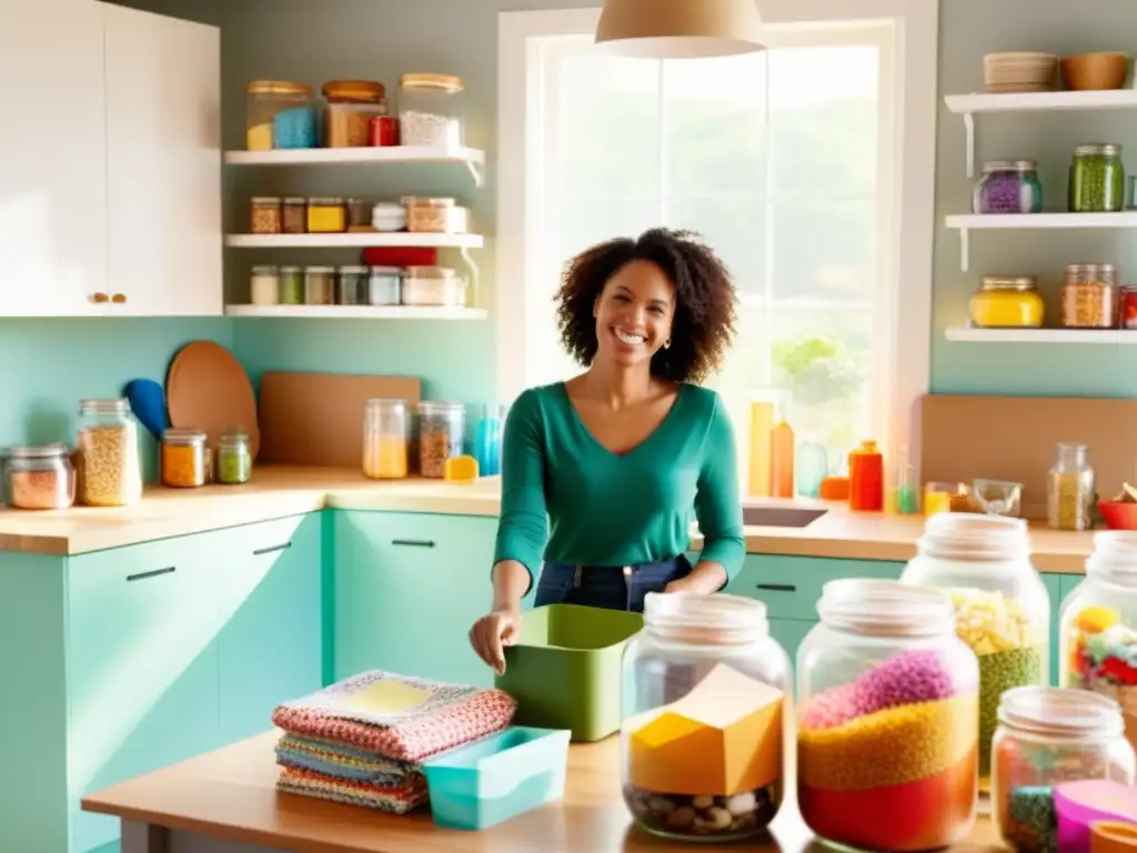 Una mujer sonriente en una cocina luminosa llena de frascos con materiales reciclados, creando proyectos creativos