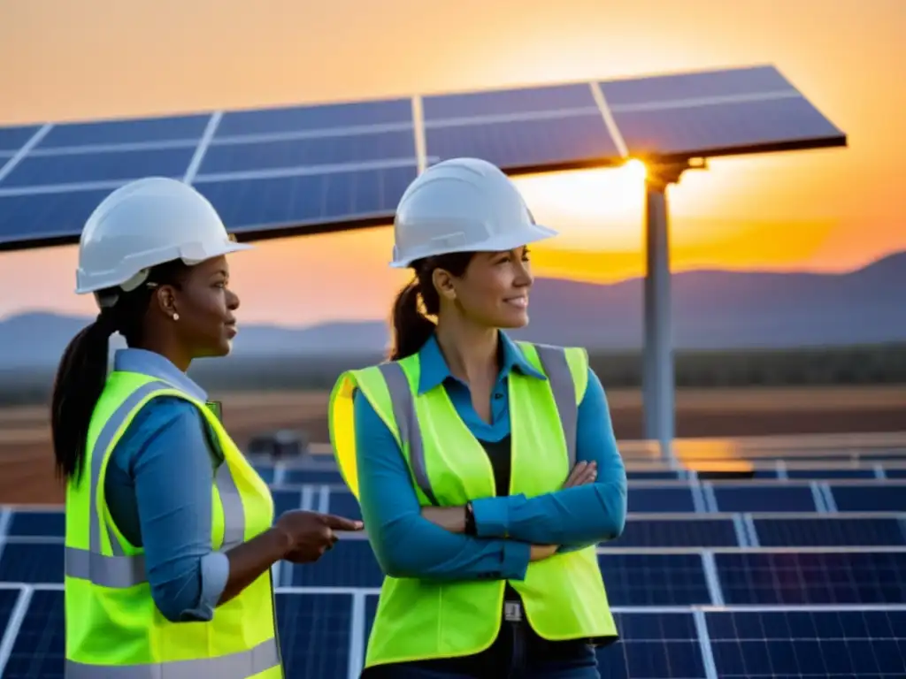 Mujeres en energía renovable, inclusión y progreso en la industria solar al atardecer