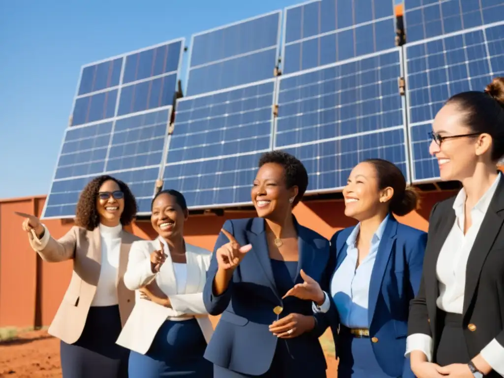 Mujeres expertas en energía renovable discuten políticas de inclusión frente a paneles solares, reflejando pasión y determinación