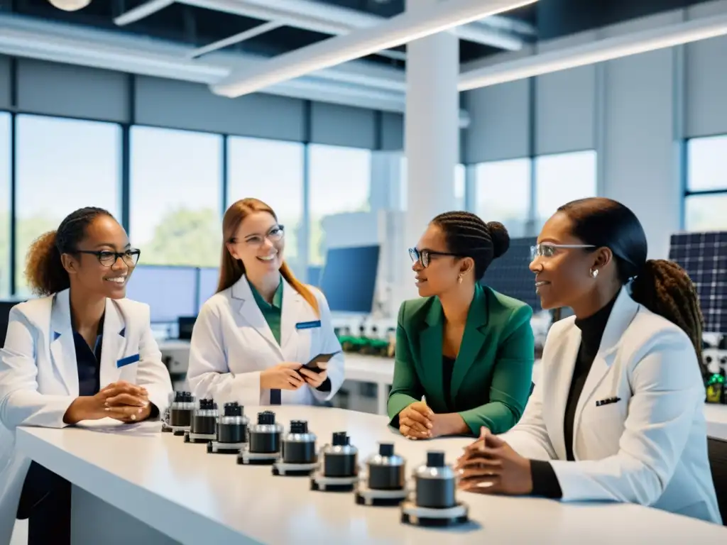 Mujeres ingenieras y científicas colaborando en laboratorio de energía renovable, transmitiendo profesionalismo e inclusión