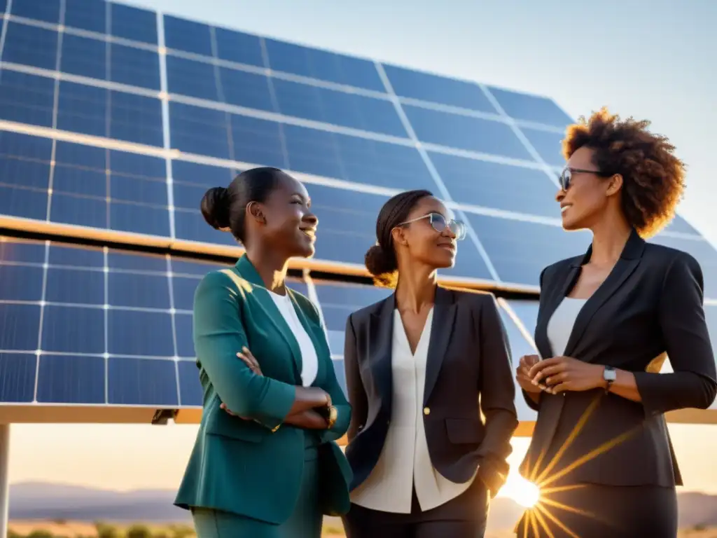 Mujeres en trajes profesionales conversan frente a paneles solares, proyectando empoderamiento y colaboración en el rol femenino en energía sostenible