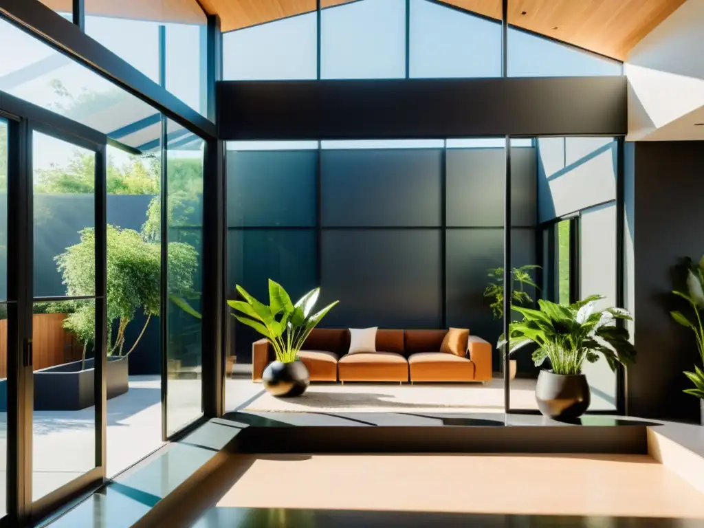 Muros Trombe, calefacción solar pasiva: Moderna casa con pared de cristal sur, luz solar cálida iluminando el interior minimalista y elegante