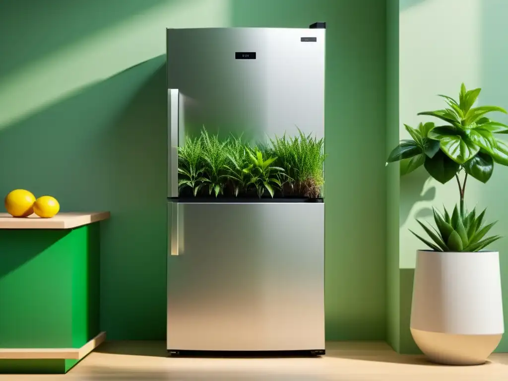 Una nevera ecológica y moderna con plantas verdes, simbolizando opciones ecológicas de refrigeración para un hogar sostenible