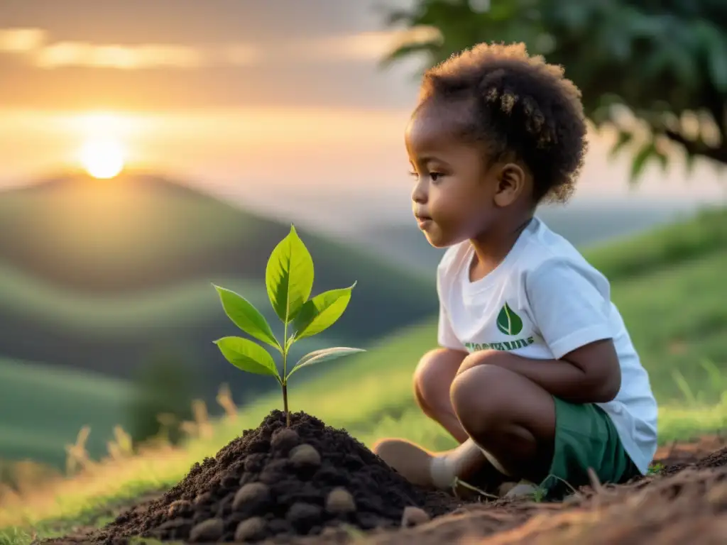 Niño plantando árbol al atardecer, reflejando esperanza y conciencia ambiental