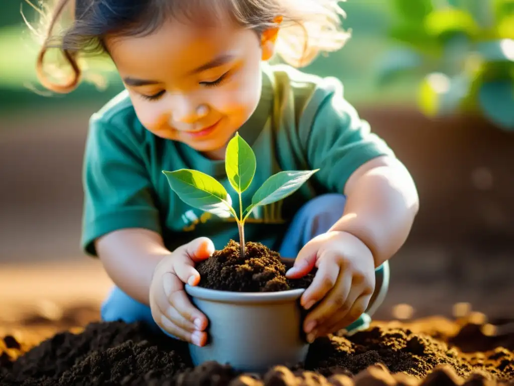 Un niño plantando un árbol en una maceta bajo el cálido sol, enseñando a los niños sobre consumo responsable en el hogar