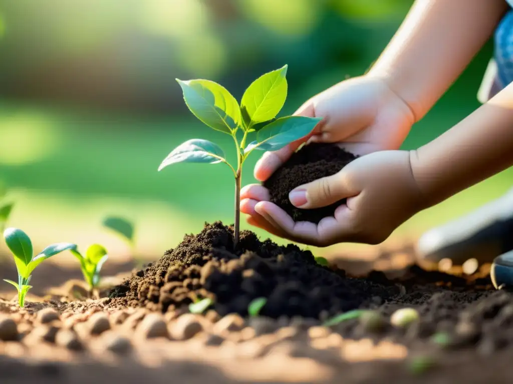 Un niño planta un árbol en un jardín verde, transmitiendo cuidado y esperanza