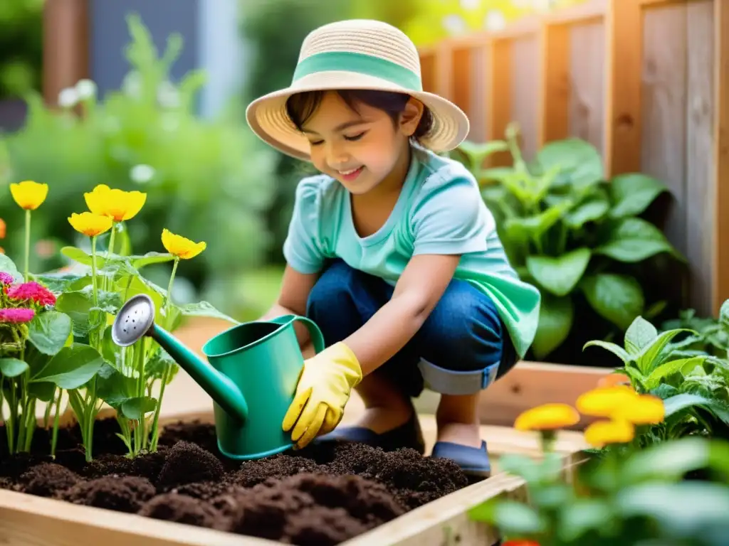 Un niño cuida con atención un jardín en su hogar, usando sombrero y guantes de jardinería, mientras sostiene una regadera