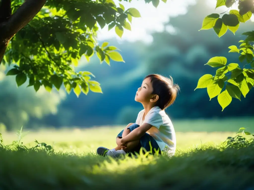 Un niño en un campo de hierba, mirando al cielo azul con asombro, rodeado de naturaleza