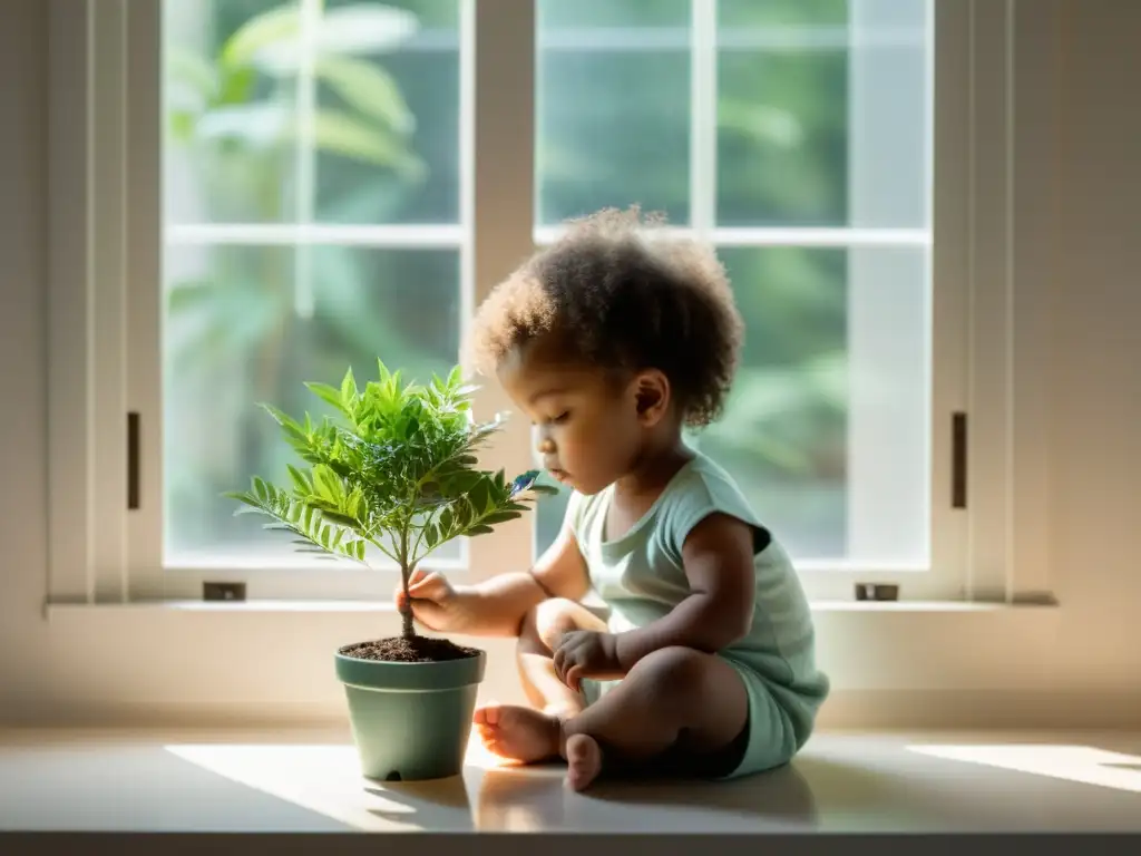 Niño cuidadoso planta árbol en casa, enseñando a los niños sobre consumo responsable en el hogar