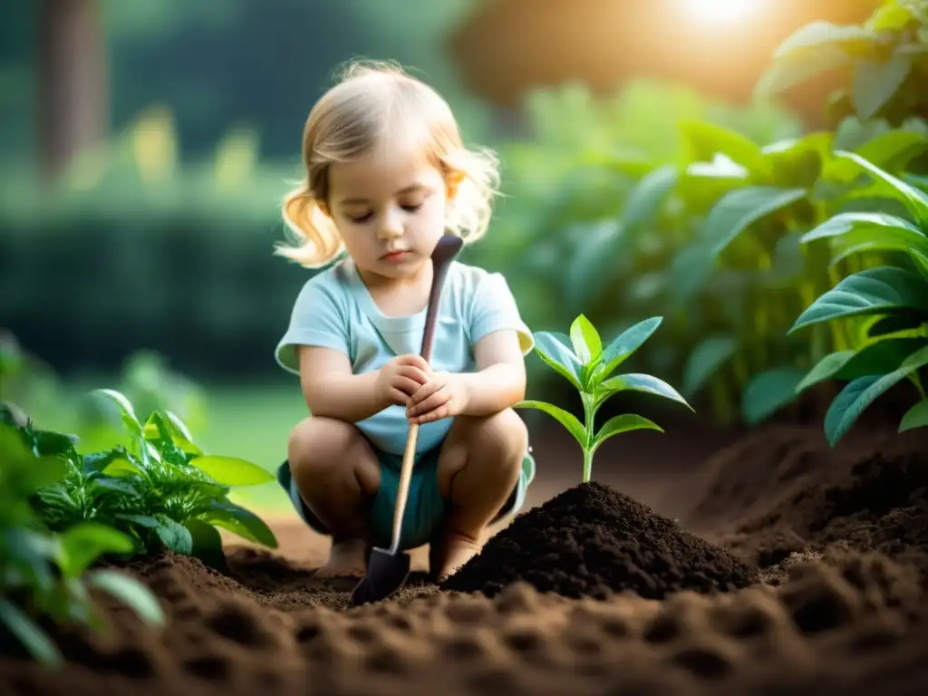 Un niño cuida con ternura una planta en una escena serena, fomentando el respeto por la naturaleza y el consumo responsable en el hogar