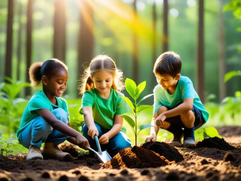 Niños plantando árboles en un bosque verde, con luz solar entre las hojas