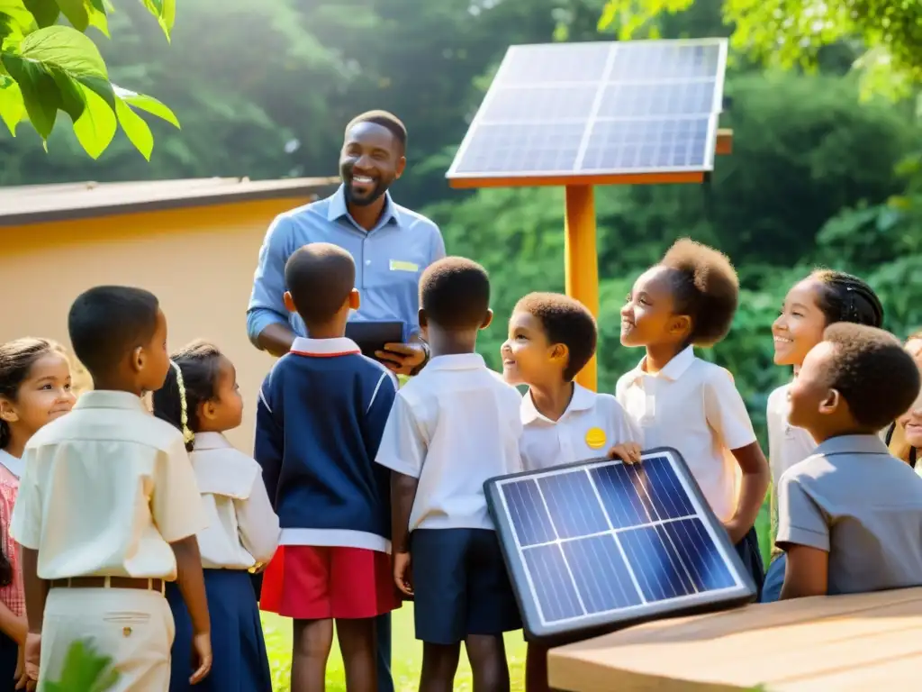 Niños de diferentes edades escuchan atentamente mientras un maestro explica la energía solar en un aula al aire libre rodeada de exuberante vegetación