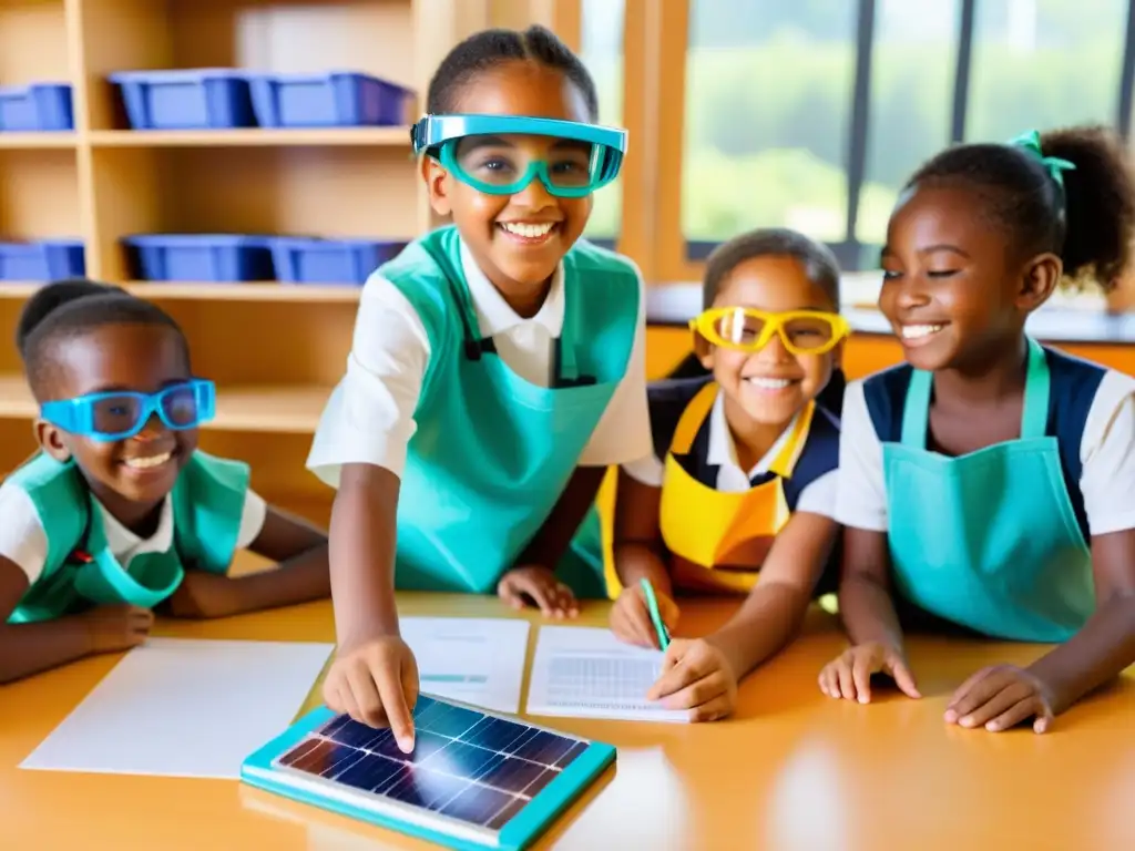 Niños experimentando con energía solar en un aula luminosa y ordenada