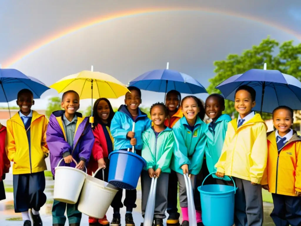 Niños de la escuela recogen agua de lluvia con alegría y coloridos paraguas, fomentando la sostenibilidad y la educación al aire libre