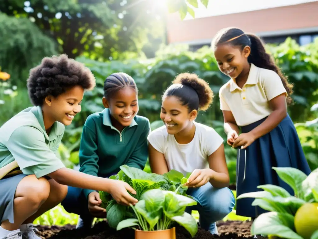 Niños de diferentes escuelas trabajan juntos en un huerto escolar, aprendiendo sobre prácticas de jardinería sostenible