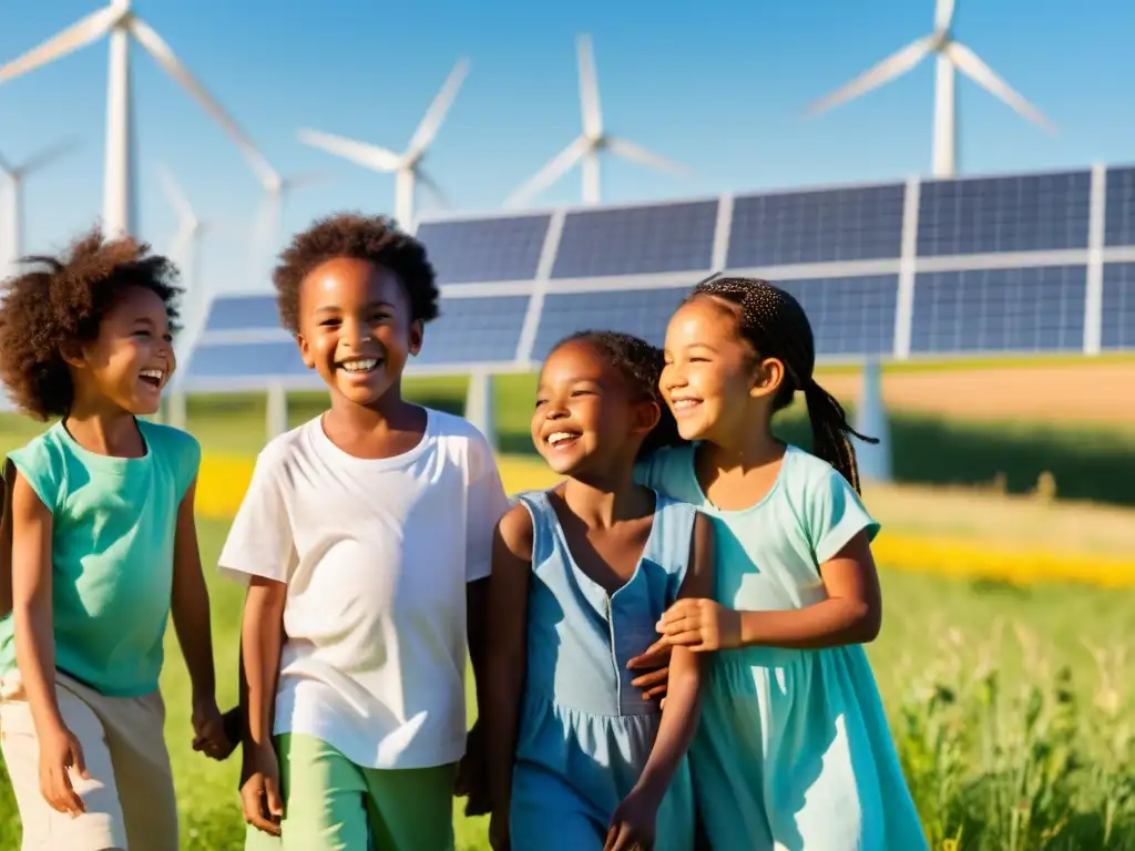 Niños de diversas etnias juegan felices en campo solar y eólico, mostrando la alegría de aprender sobre energías renovables educación ambiental