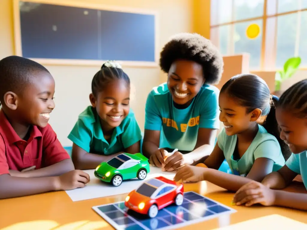 Niños felices ensamblan autos solares en aula iluminada, con materiales educativos coloridos