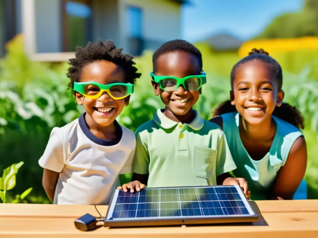 Niños felices experimentando con energía solar en un entorno natural