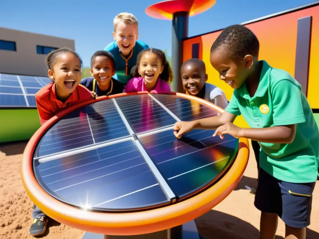 Niños felices jugando con juegos educativos energía limpia en colorida instalación solar interactiva, explorando y aprendiendo con entusiasmo