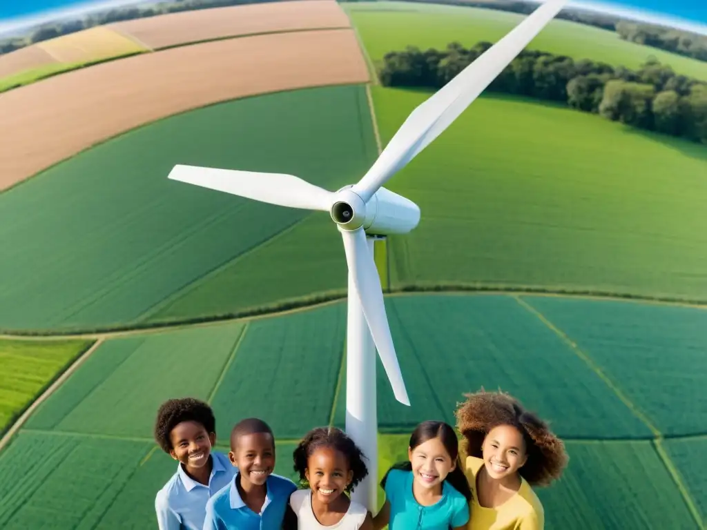 Niños felices rodeando una turbina eólica en un campo verde, transmitiendo la belleza de la educación ambiental en energías renovables