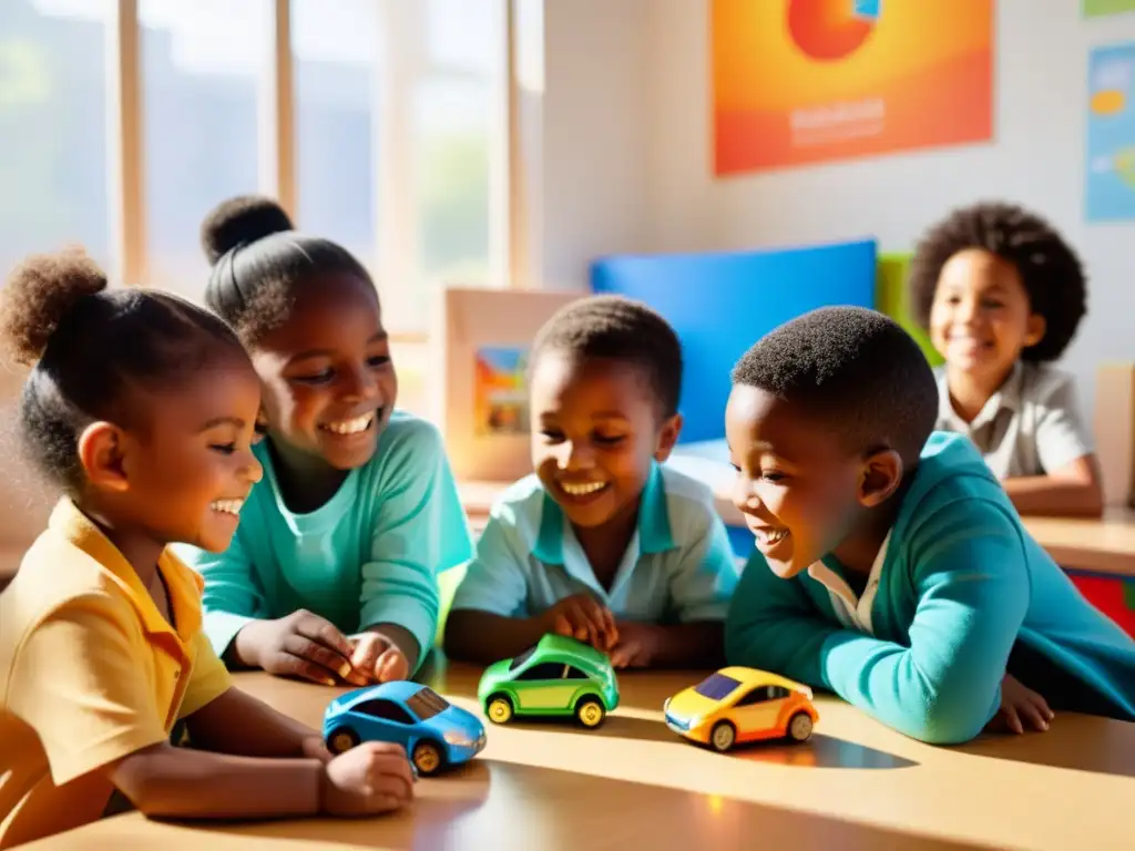 Niños disfrutan de juegos educativos energía limpia en aula soleada con juguetes solares y material educativo colorido